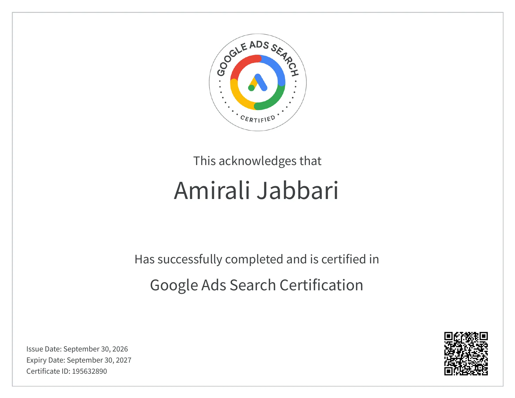 Zertifikat: Google Ads Search Certification, ausgestellt von Google Skillshop