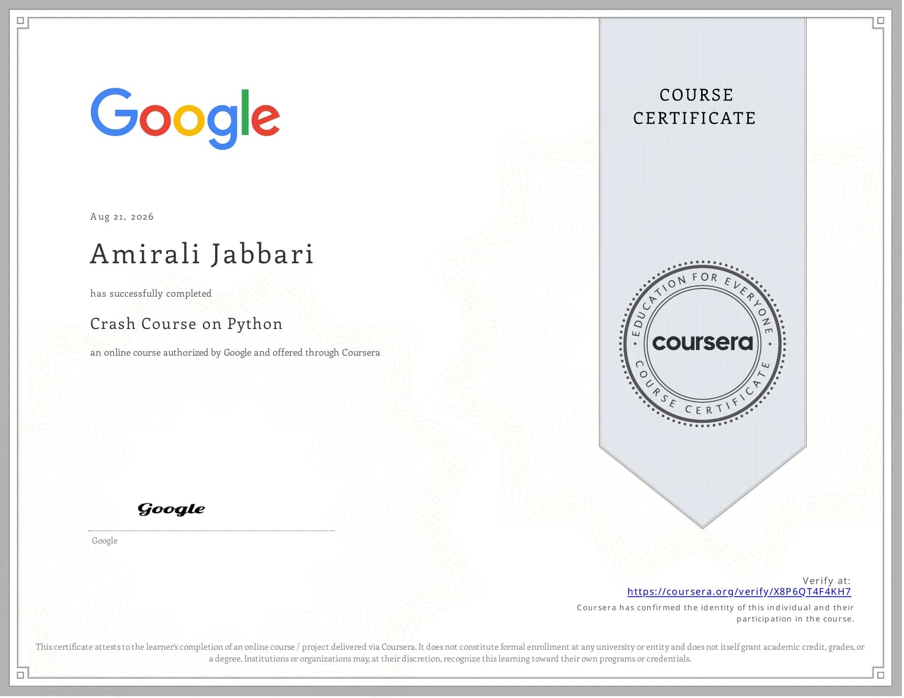 گواهی Crash Course on Python از گوگل