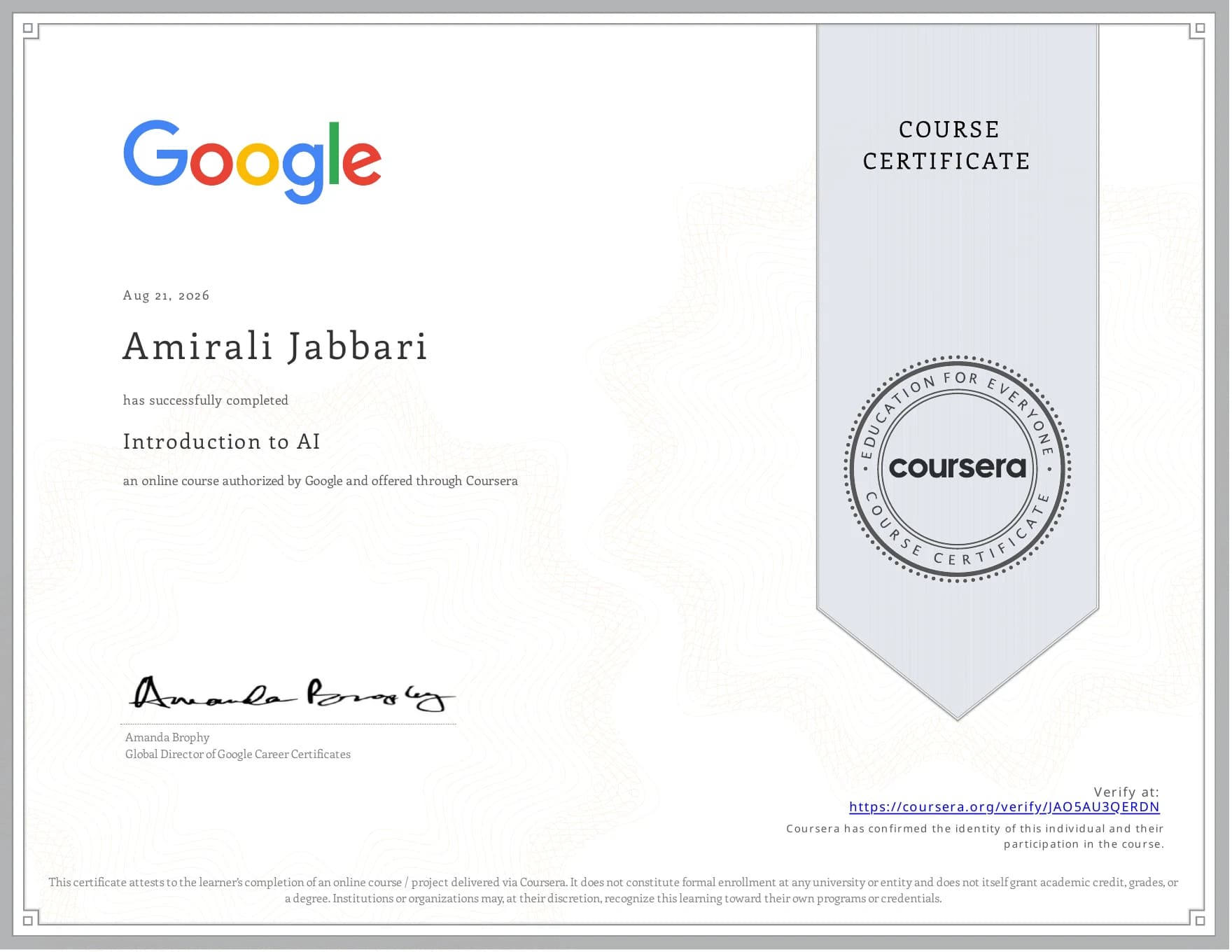 گواهی Introduction to AI از گوگل