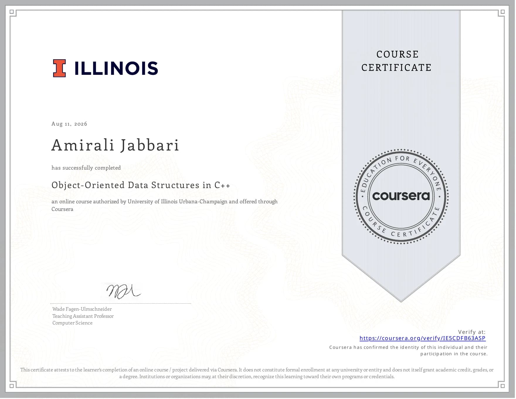 گواهی Object-Oriented Data Structures in C++ از دانشگاه ایلینوی اوربانا-شمپین