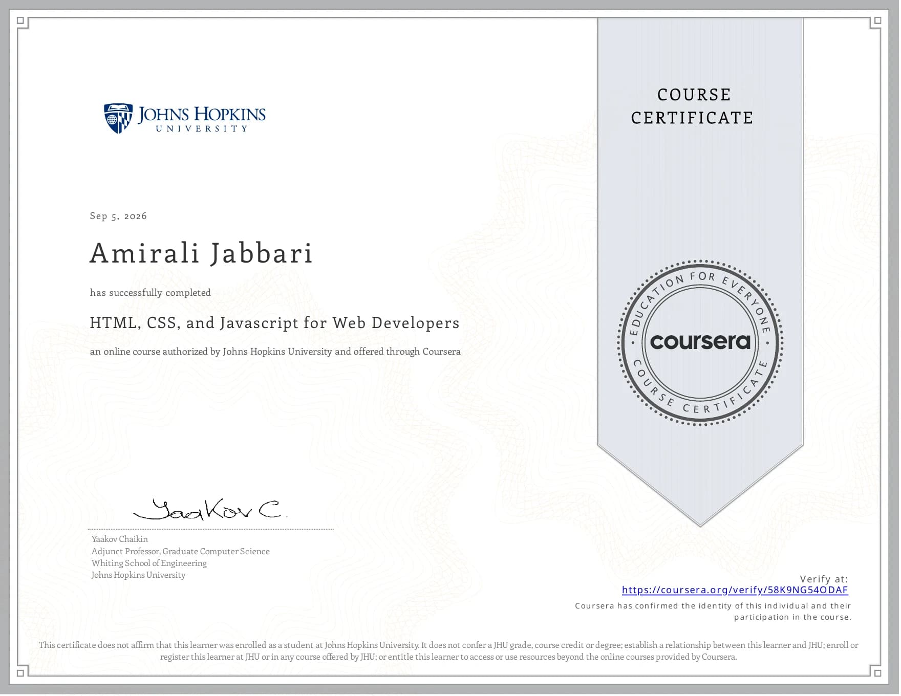 گواهی HTML, CSS, and Javascript for Web Developers از دانشگاه جانز هاپکینز