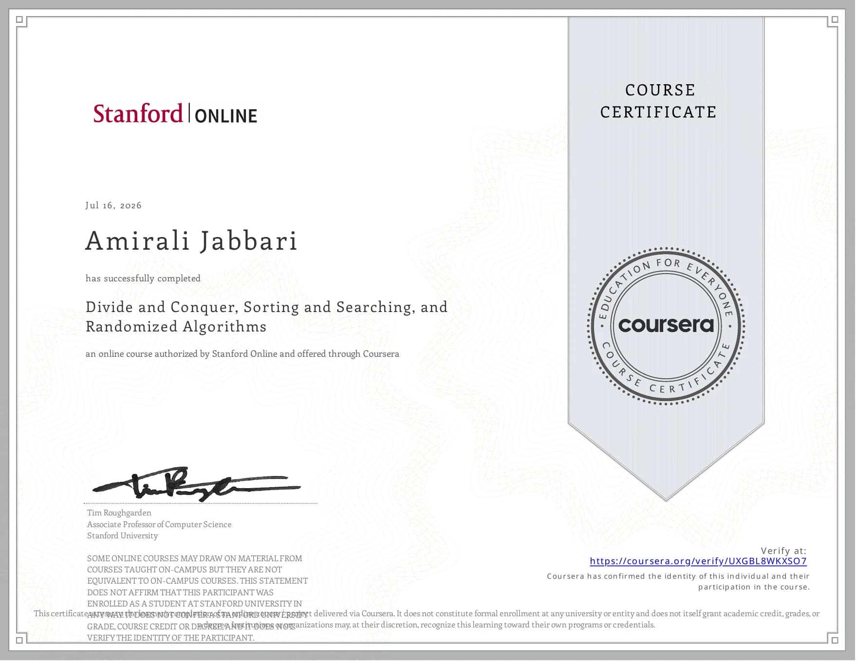 گواهی Divide and Conquer, Sorting and Searching, and Randomized Algorithms از استنفورد آنلاین