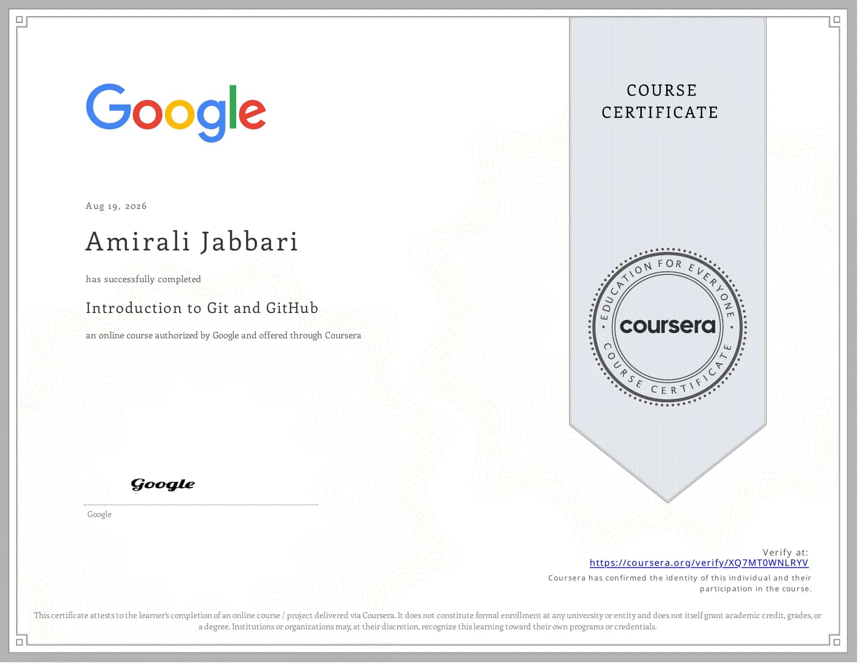 گواهی Introduction to Git and GitHub از گوگل